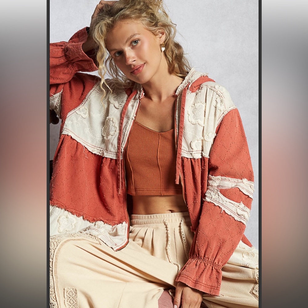 POL Rust & Cream Patchwork Hooded Jacket - image 1